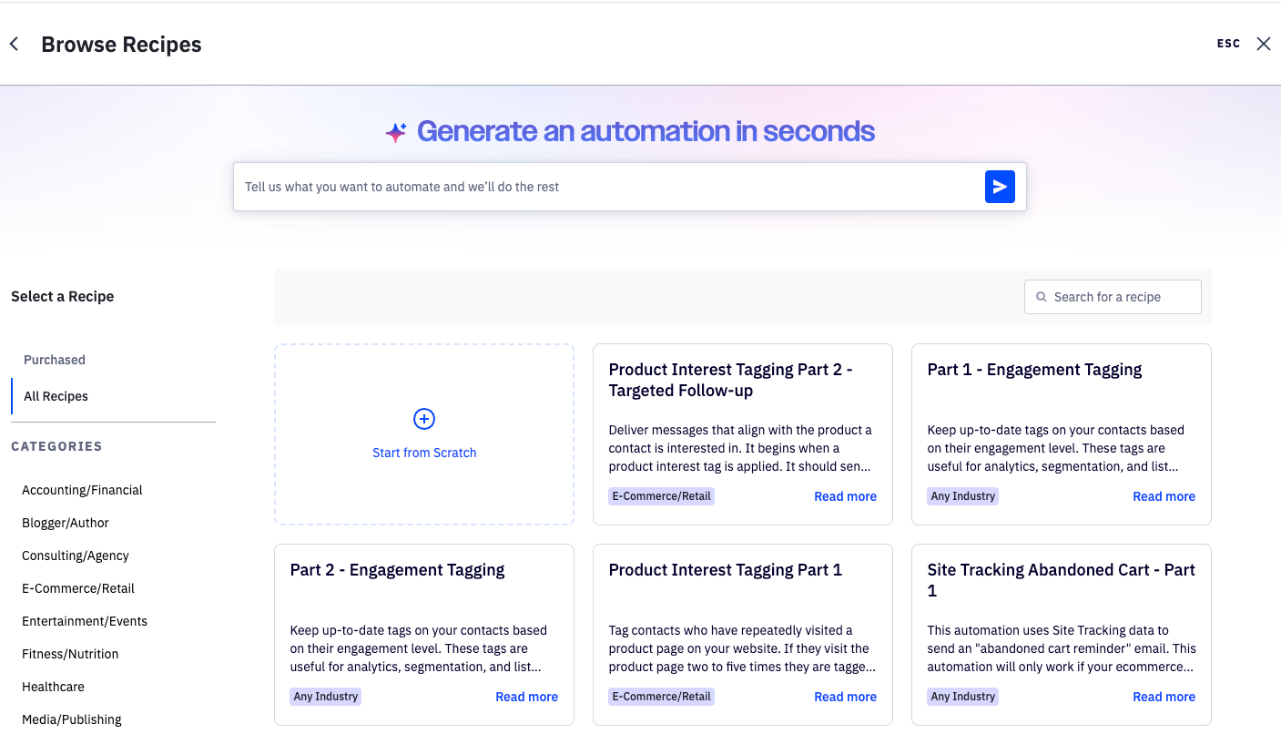 ActiveCampaign automation recipes interface