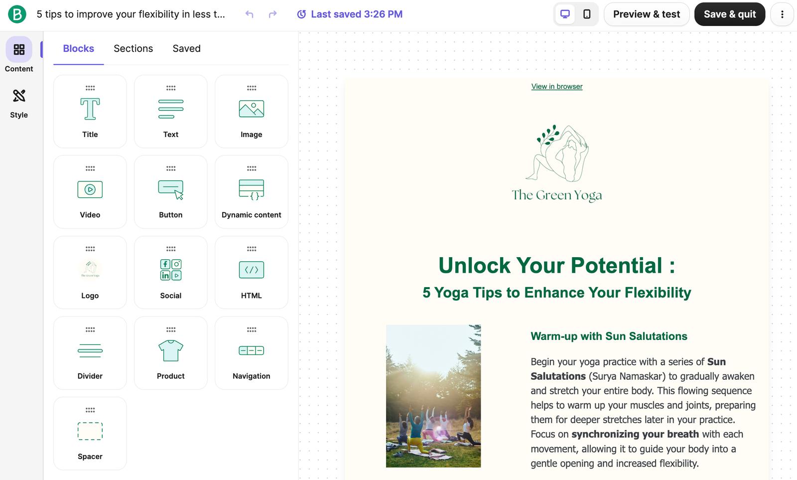 Brevo email editor interface with content blocks