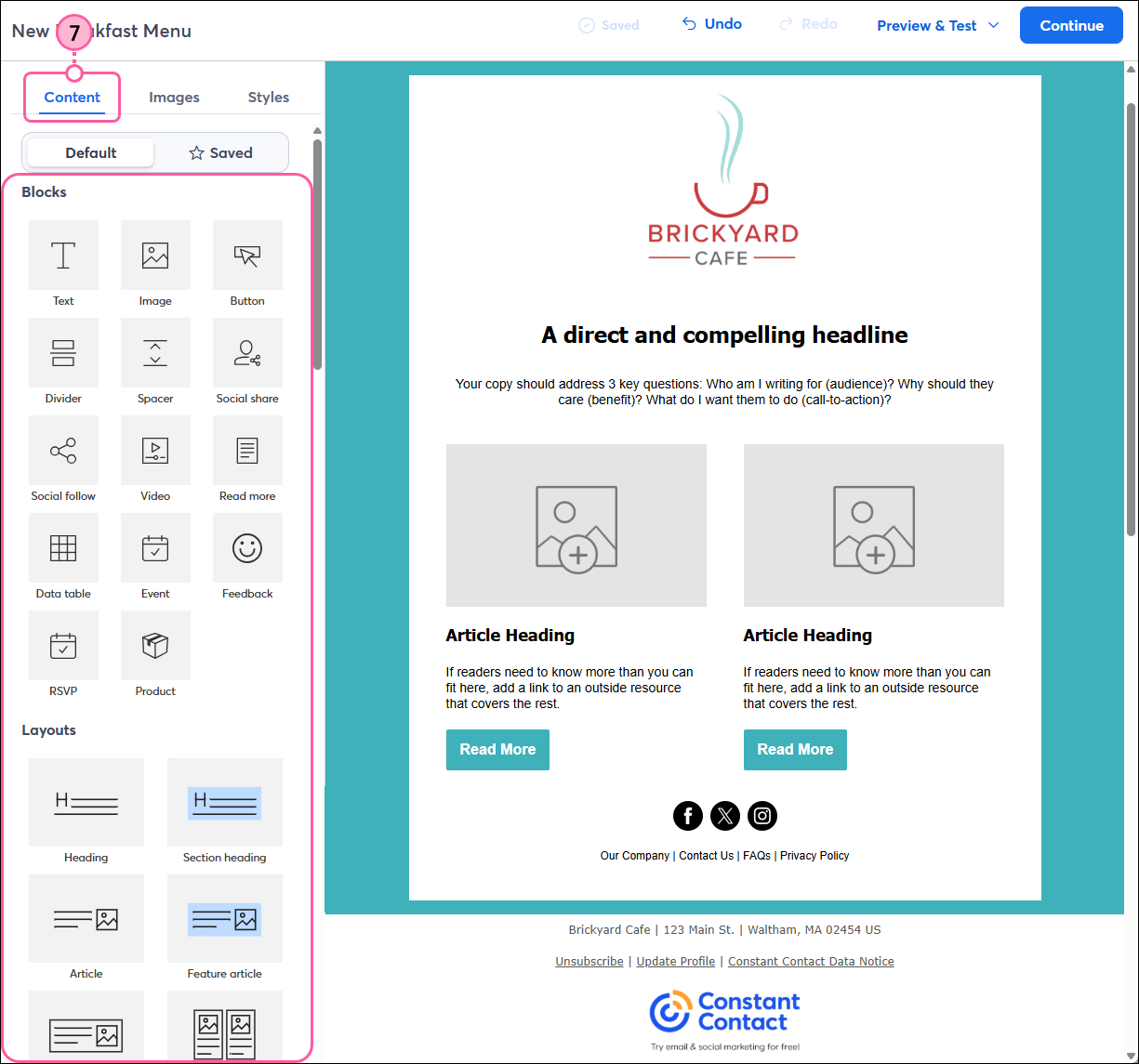 Constant Contact email builder interface