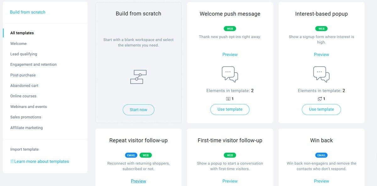 GetResponse automation template gallery with email and web workflow options