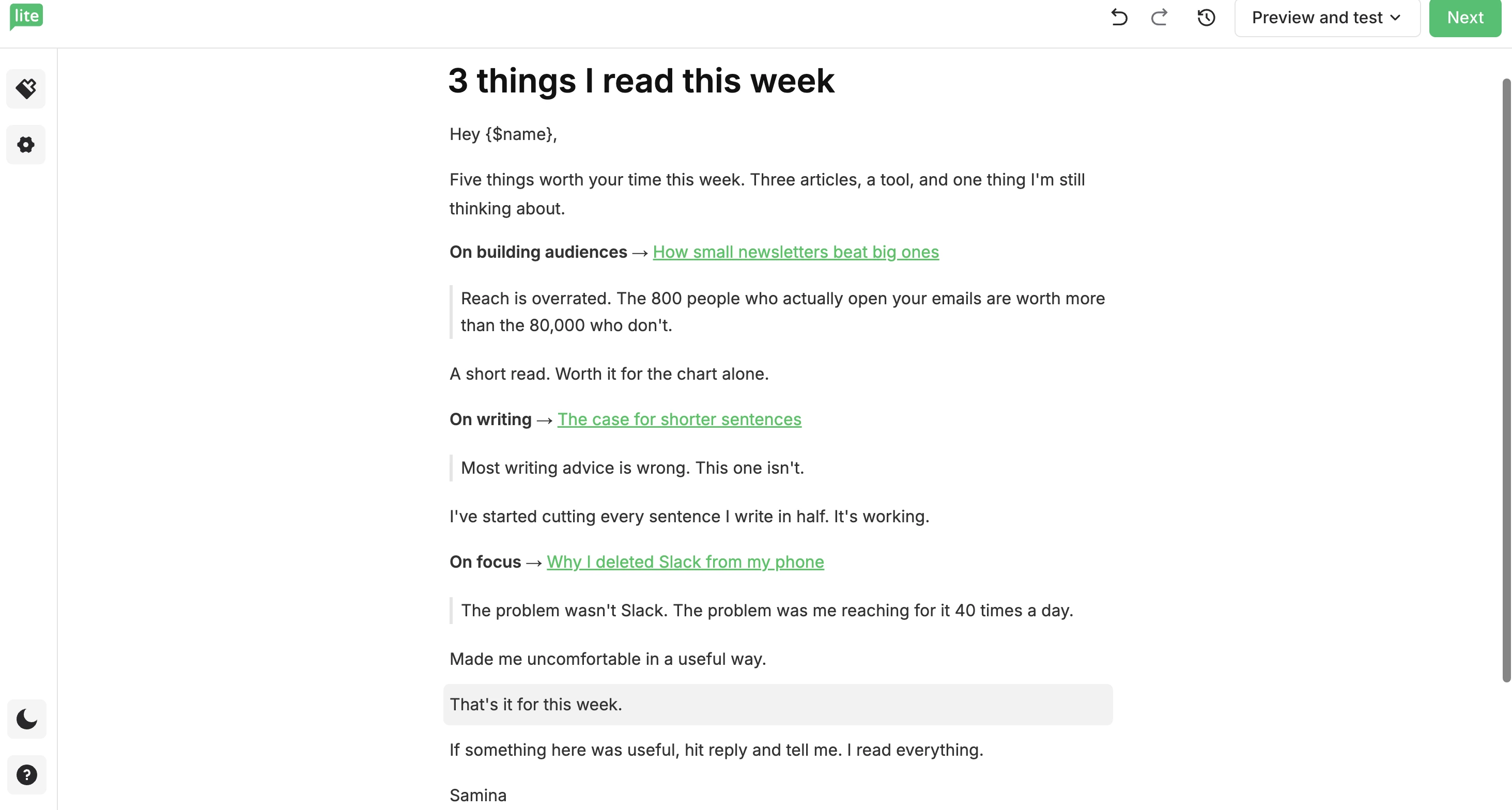 MailerLite newsletter editor showing a draft email campaign