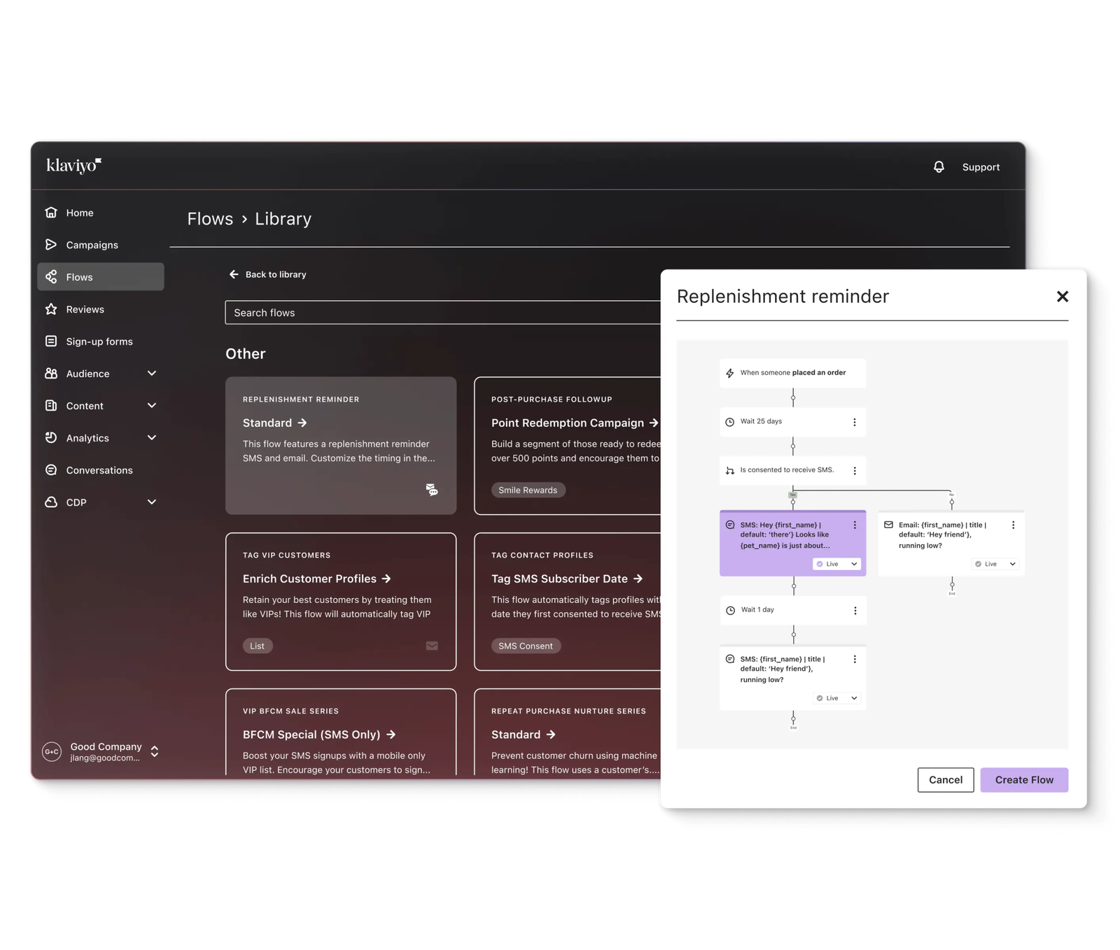 Klaviyo flow builder showing ecommerce automation options