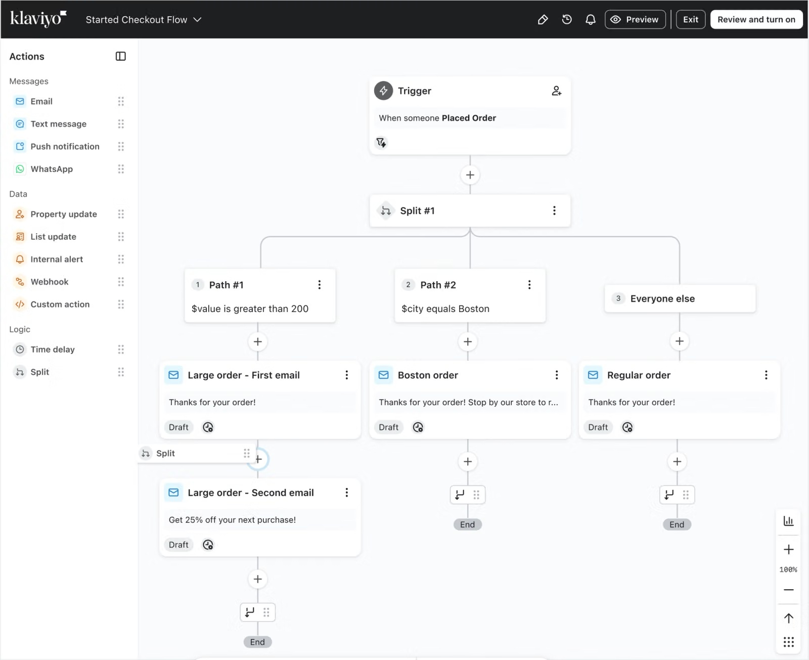 Klaviyo flow builder showing ecommerce automation triggers and branching paths