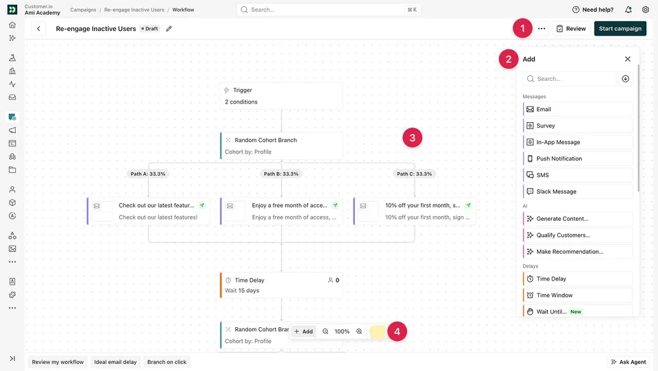 Customer.io workflow builder showing event-driven automation and branching