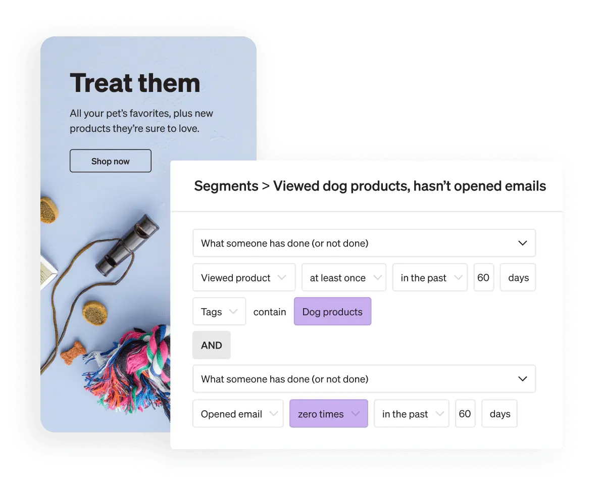 Klaviyo segmentation interface using ecommerce behavior and customer conditions